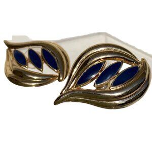 Vtg 80s Teardrop Gold Tone Blue Enamel Stud Earrings Retro Geometric Jewelry